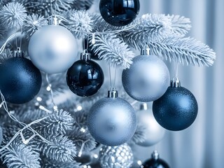 Elegant blue and silver Christmas tree decorations with lights