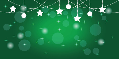 A festive green background with hanging white stars, ornaments, and sparkling bokeh lights for a celebration.