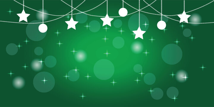 A festive green background with hanging white stars, ornaments, and sparkling bokeh lights for a celebration.