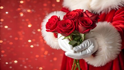 tender and romantic festive image of Santa Claus's gloved hands, dressed in his traditional red suit with plush white fur trim, gently holding a beautiful bouquet of deep red roses. T