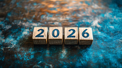 Looking ahead to 2026 new year with wooden block calendar, celebrating future