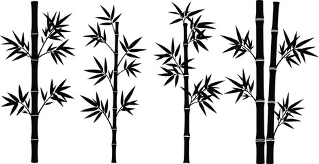Bamboo stalk silhouette set isolated on white background, black tropical bamboo plants with leaves, vector illustration design