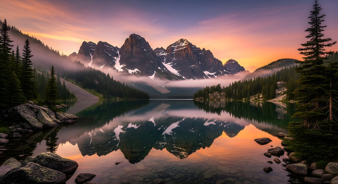 Stunning mountain peaks reflected in tranquil lake at sunset, misty forest landscape for travel and nature inspiration, majestic mountain vista, serene scene