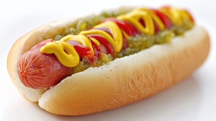 Close Up Of A Classic Hot Dog With Yellow Mustard Red Ketchup And Green Relish In A Soft Bun Isolated On White
