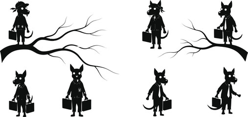 Anthropomorphic wolf silhouettes in business suits with briefcases, surreal fantasy illustration on tree branches, symbolic eerie corporate character design set
