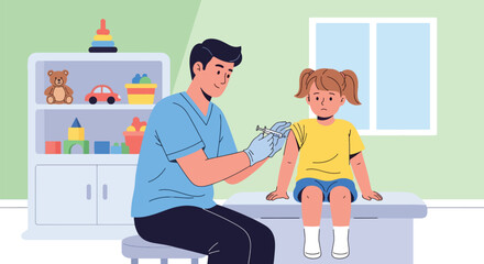 Doctor administering a vaccination shot to a calm child during routine immunization. Ideal for pediatric health campaigns and clinic education visuals
