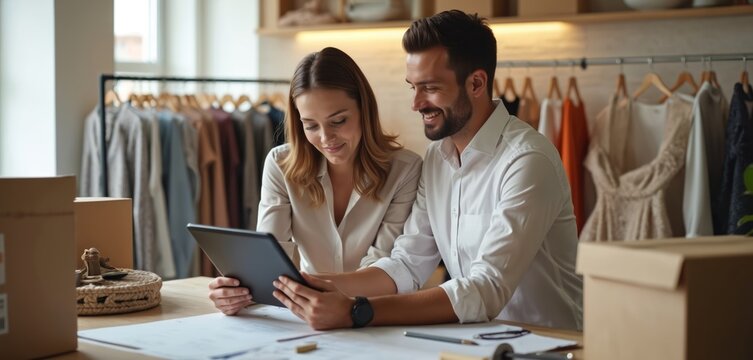 Business people discuss design project using tablet. Man and woman work together in modern office. They plan clothes design using tech and strategy for fashion store.