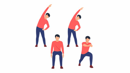 A man in a red shirt and blue pants demonstrates various stretching exercises.
