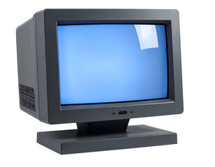 Vintage crt computer monitor with blue screen isolated on transparent background