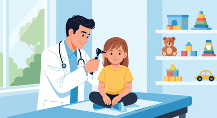 Doctor examining a child’s ear using an otoscope during a clinic checkup. Ideal for pediatric health illustrations, medical education, and wellness materials