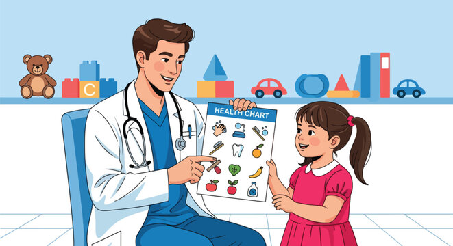 Doctor showing health tips to a child using a simple educational chart. Ideal for hygiene learning visuals, pediatric health campaigns, and school wellness materials