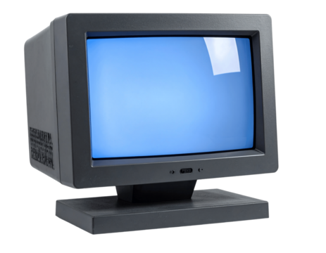 Vintage crt computer monitor with blue screen isolated on transparent background