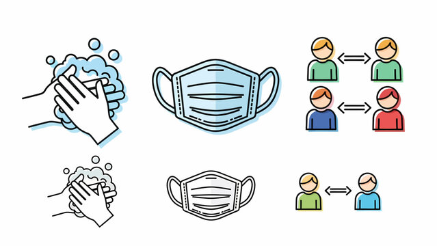 Icons depicting hand washing, face mask, and social distancing for health safety.