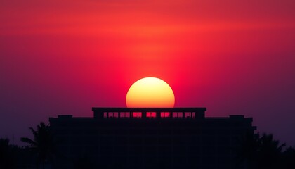 City sunrise or sunset with an abstract view of the beautiful orange and red sky, light, and clouds over the water horizon