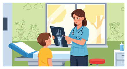 Doctor reviewing an X-ray image with a curious child in a friendly clinic environment. Ideal for health education, pediatric care visuals, and medical illustrations