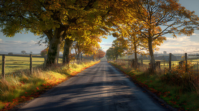 Autumn tree lined country road bathed in golden sunlight - Powered by Adobe