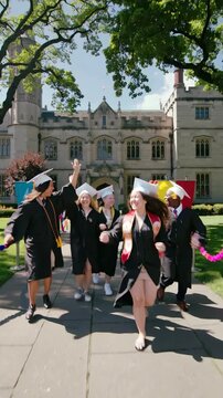 Group of graduates in caps and gowns running joyfully on campus, vertical footage