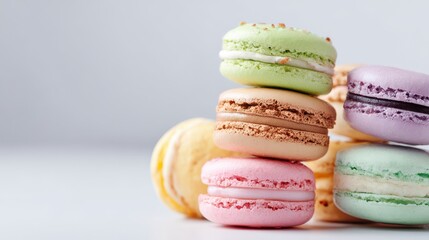 Colorful French Macarons Stacked Studio Lighting Soft Gray Background Sweet Confectionery