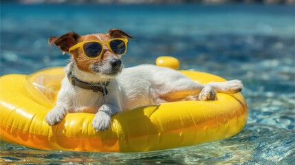 A small dog with brown and white fur lounges on a bright yellow float in sparkling blue water. The sun shines brightly making it a perfect day for relaxation.