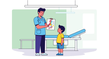 Doctor showing child a simple anatomy chart of body organs. Ideal for health education materials, pediatric learning content, and medical teaching visuals