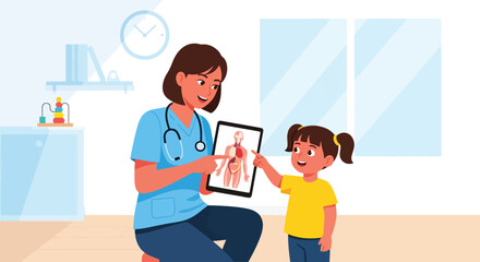 Doctor showing child a simple anatomy chart of body organs. Ideal for health education materials, pediatric learning content, and medical teaching visuals