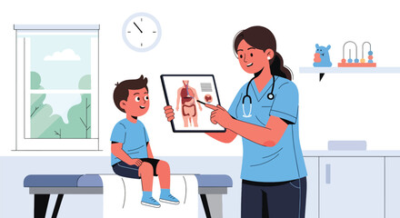 Doctor showing child a simple anatomy chart of body organs. Ideal for health education materials, pediatric learning content, and medical teaching visuals