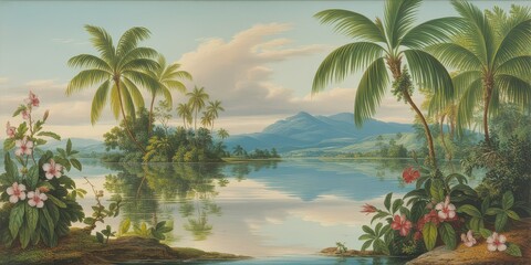 Fototapeta premium Wallpaper serene tropical landscape painting in pastel tones