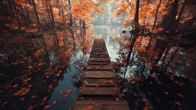 Wooden bridge over calm water surrounded by vibrant autumn forest reflections - Powered by Adobe