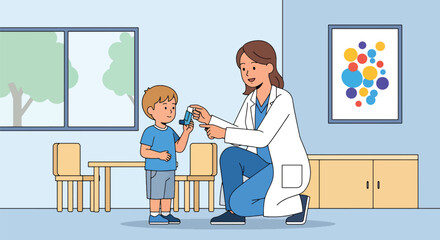 Doctor guiding child on proper inhaler use with lung diagrams. Ideal for asthma education, pediatric care guides, and medical instruction illustrations
