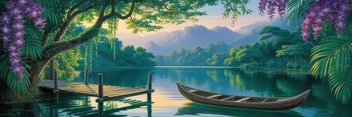 Obraz premium Serene lake with a wooden boat at sunset.
