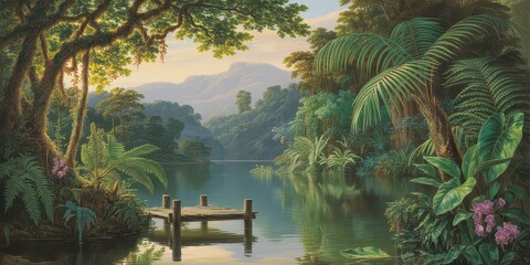Tranquil tropical lake surrounded by lush greenery