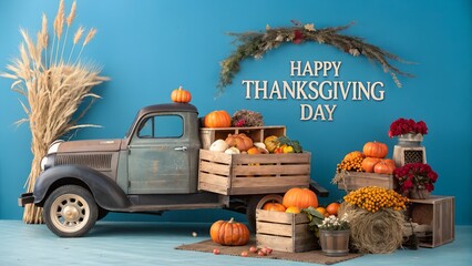 the truck's rear, a small wooden crate also holds a few pumpkins, a