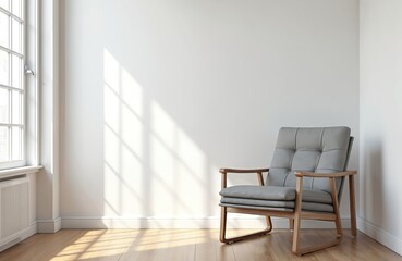 Fototapeta premium Bright airy room interior mockup with empty white walls and wooden floor. Modern grey armchair near window. Sunlight creates shadows on the wall.