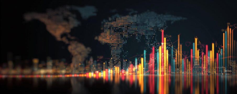 Business and economic growth on global business network, Data analysis of financial and banking, Stock, AI, Technology and data connection, Security, Blockchain and Networking, Business strategy
