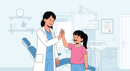 Doctor and child sharing a cheerful high-five after a completed checkup. Ideal for positive healthcare themes, pediatric clinic branding, and supportive medical visuals