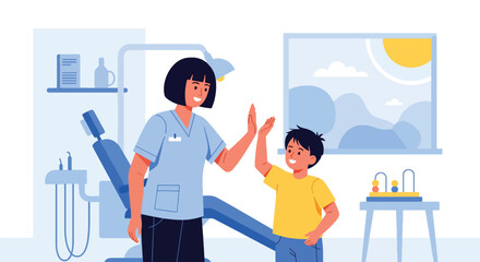 Doctor and child sharing a cheerful high-five after a completed checkup. Ideal for positive healthcare themes, pediatric clinic branding, and supportive medical visuals