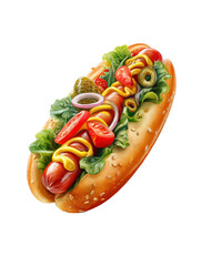 A loaded hot dog with sausage lettuce tomato onion mustard and pickles on a bun hotdog, Cut Out, Isolated On White Background, Png Transparent