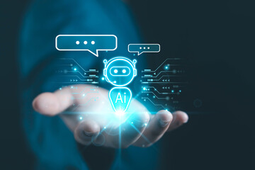 A glowing AI chatbot icon floating above a business hand, surrounded by digital circuit elements, representing smart communication, automation, virtual assistance, machine learning, modern technology