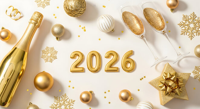 Christmas presents and ornaments scattered on a red surface isolated on white background