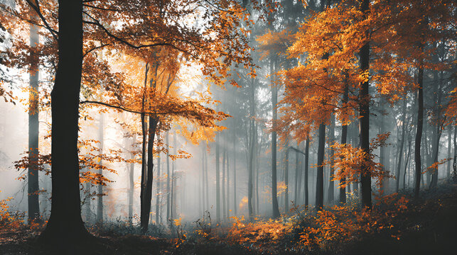 Golden autumn forest with sunbeams filtering through fog and colorful leaves - Powered by Adobe