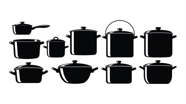 Cooking pot and pan silhouettes set isolated on white background, Vector