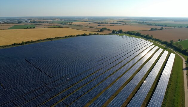 Aerial photo of solar energy farm. Renewable green energy production on a sunny day. Large photovoltaic panels on fields provide sustainable electricity for eco-friendly power. - Powered by Adobe