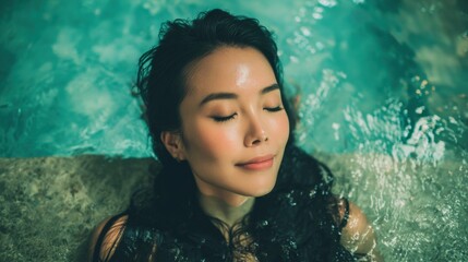 A young woman floats peacefully in a serene pool her eyes closed and a gentle smile on her face enjoying a moment of relaxation and tranquility in a soothing atmosphere.