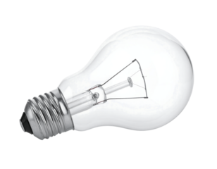 Clear incandescent light bulb with screw base isolated on transparent background