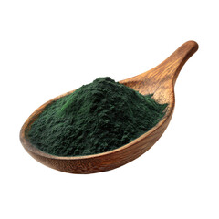 Dark green spirulina powder piled high on a wooden spoon against black image, Cut Out, Isolated On White Background, Png Transparent