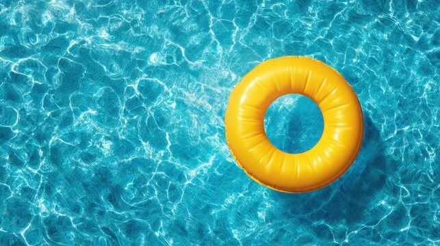 A vibrant yellow floaty circles the surface of a clear blue swimming pool. Sunlight reflects off the water creating dynamic patterns. It's a perfect day for fun in the water.