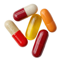 Five colorful pharmaceutical capsules scattered on a black background pill medicine, Cut Out, Isolated On White Background, Png Transparent