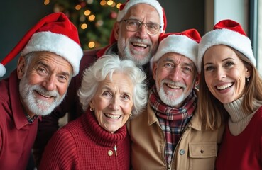 A happy diverse group of older friends in Santa hats pose for a festive Christmas photo. They smile cheerfully indoors, celebrating winter holidays together.