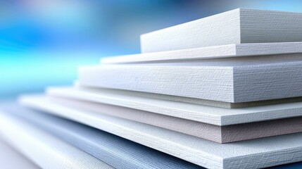 Close-up of a stack of blank canvas boards, arranged in a layered composition, with soft lighting and a blurred background.