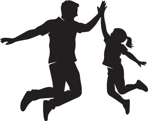 Silhouette of father and daughter jumping high five together isolated on white background